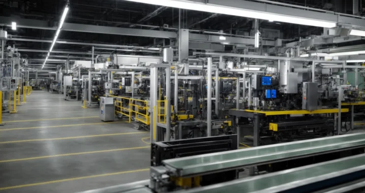 a row of large, automated machines streamlining production in a modern manufacturing plant.