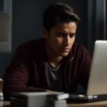 a frustrated individual staring at an open laptop on a desk.