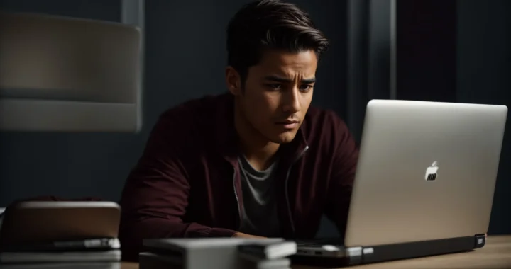 a frustrated individual staring at an open laptop on a desk.