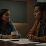 a worried person talks to a financial advisor across a table.