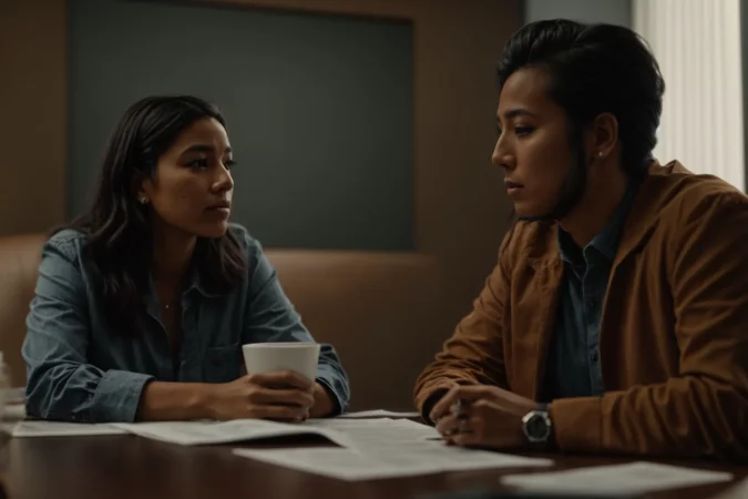 a worried person talks to a financial advisor across a table.