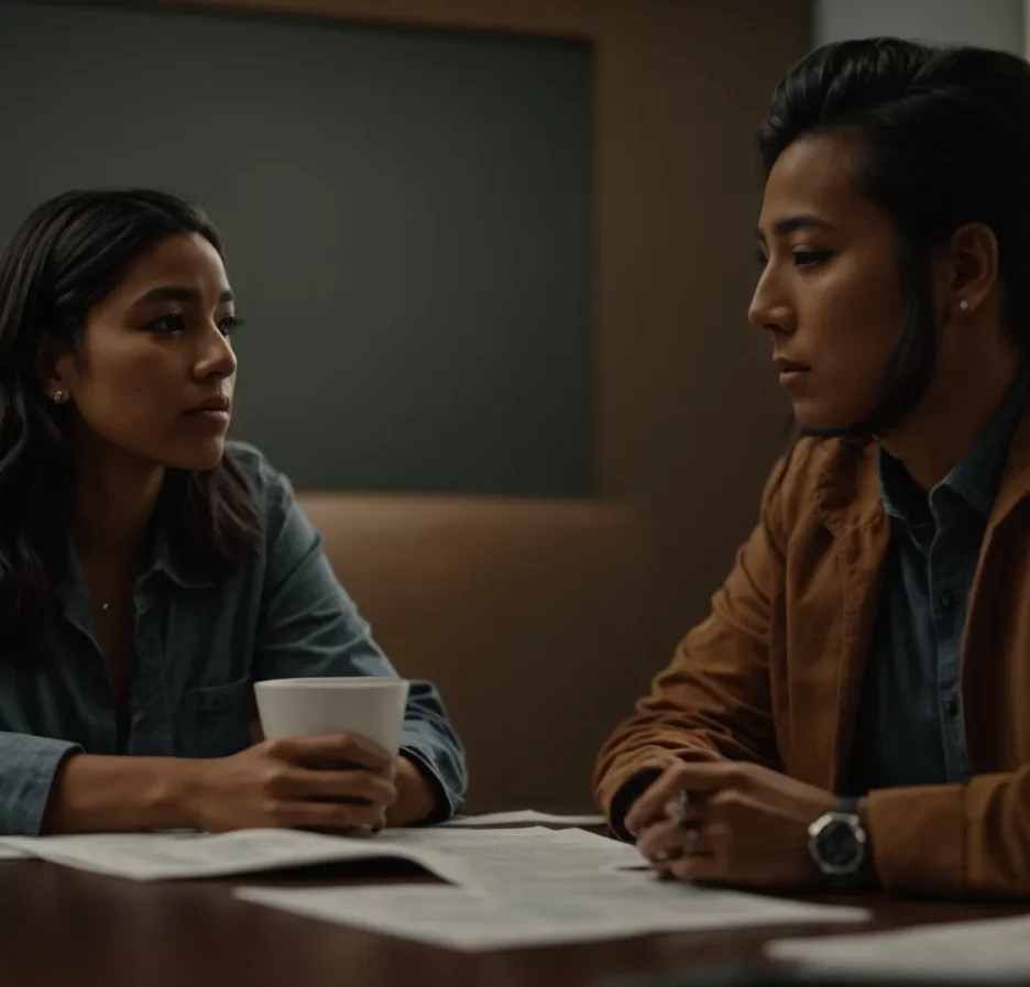 a worried person talks to a financial advisor across a table.