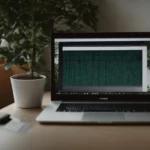 a laptop with code on its screen, sitting on a desk next to a potted plant.