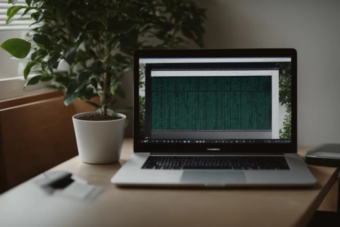 a laptop with code on its screen, sitting on a desk next to a potted plant.