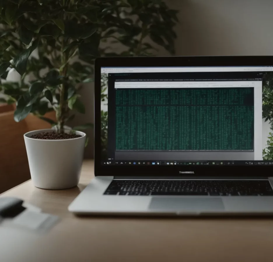 a laptop with code on its screen, sitting on a desk next to a potted plant.