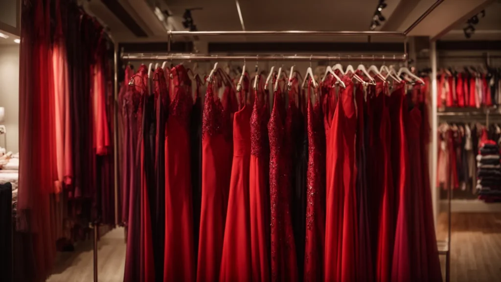 a rack filled with various shades of red dresses in a boutique under soft lighting.