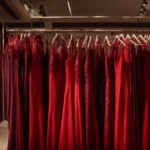a rack filled with various shades of red dresses in a boutique under soft lighting.
