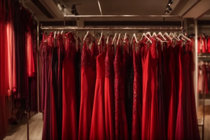 a rack filled with various shades of red dresses in a boutique under soft lighting.