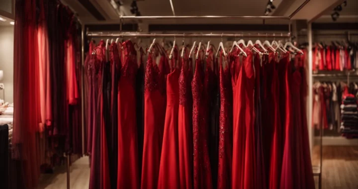 a rack filled with various shades of red dresses in a boutique under soft lighting.