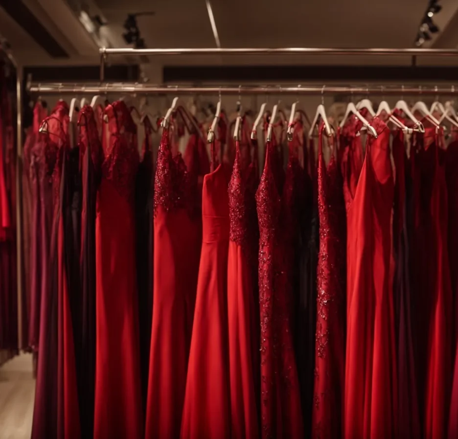 a rack filled with various shades of red dresses in a boutique under soft lighting.