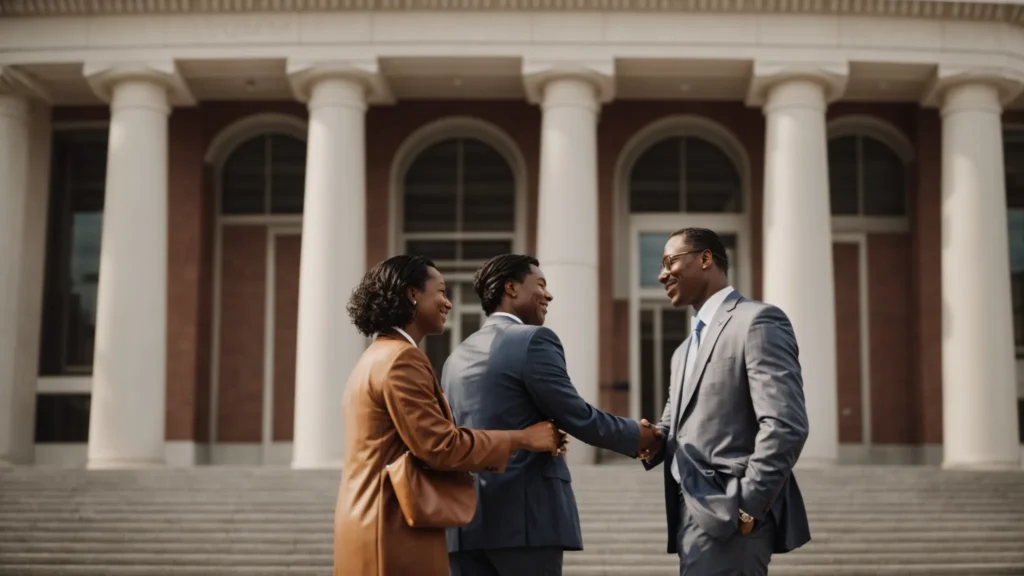 a triumphant personal injury lawyer shakes hands with a grateful client outside the courthouse.
