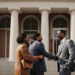 a triumphant personal injury lawyer shakes hands with a grateful client outside the courthouse.
