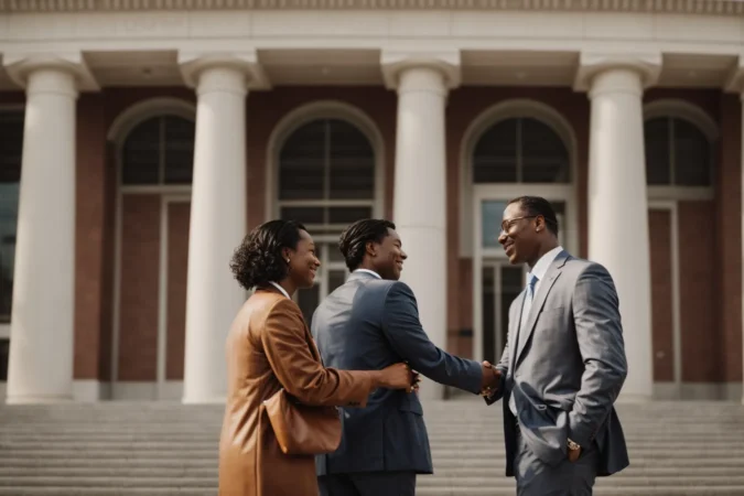 a triumphant personal injury lawyer shakes hands with a grateful client outside the courthouse.