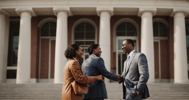 a triumphant personal injury lawyer shakes hands with a grateful client outside the courthouse.