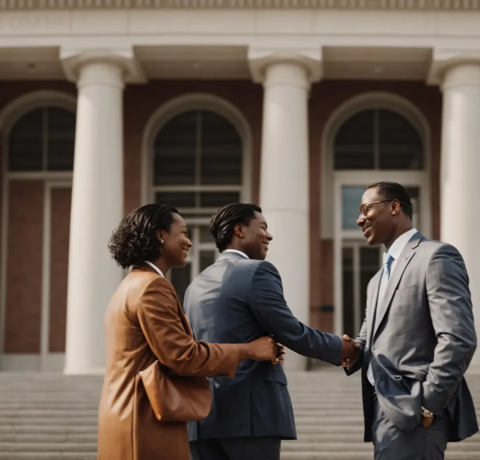 a triumphant personal injury lawyer shakes hands with a grateful client outside the courthouse.