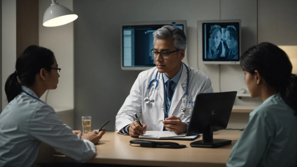 a doctor is discussing with a patient in a clinic while a computer screen displays a healthcare application in the background.