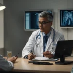 a doctor is discussing with a patient in a clinic while a computer screen displays a healthcare application in the background.