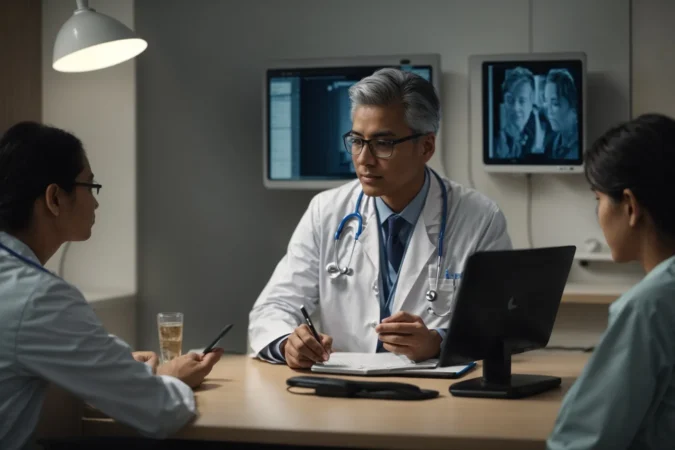 a doctor is discussing with a patient in a clinic while a computer screen displays a healthcare application in the background.