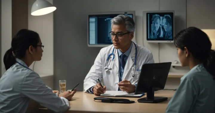 a doctor is discussing with a patient in a clinic while a computer screen displays a healthcare application in the background.