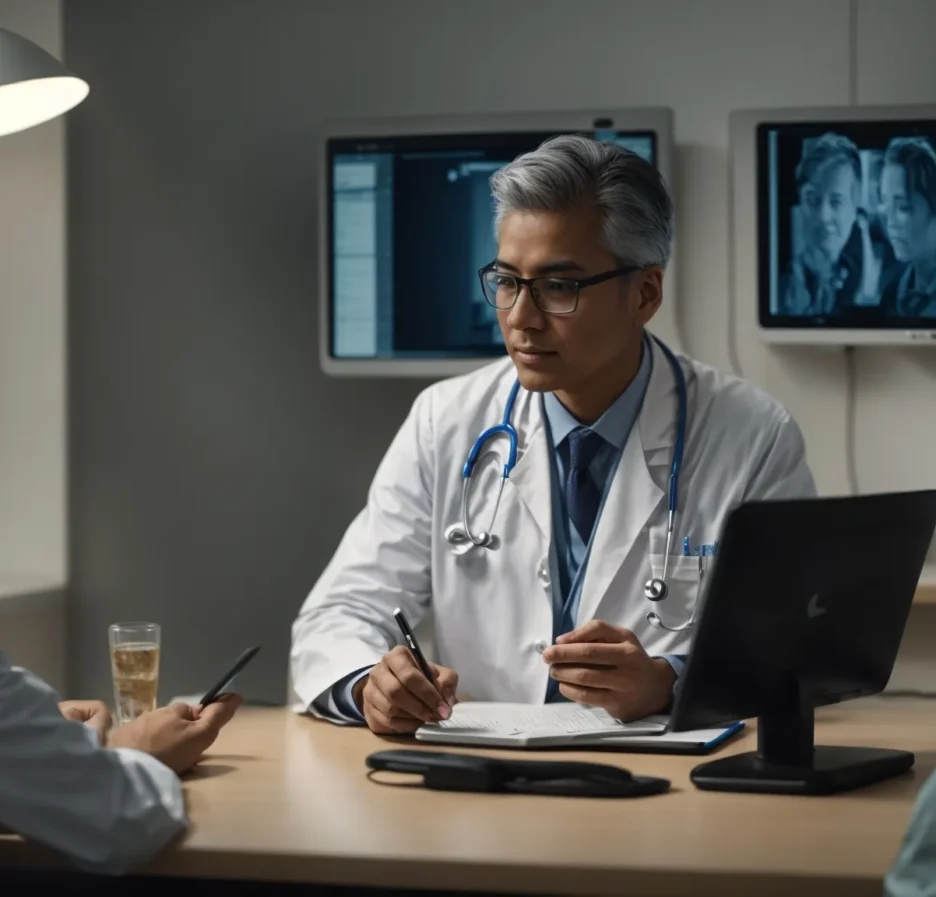 a doctor is discussing with a patient in a clinic while a computer screen displays a healthcare application in the background.