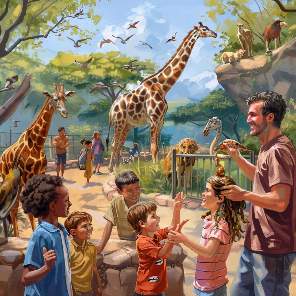 Family enjoying a fun day at the zoo with children interacting with animals