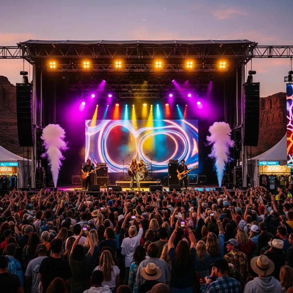 Live music festival in Utah with a band performing and an enthusiastic crowd