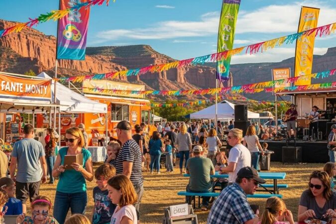 Vibrant Utah festival scene with people enjoying activities and beautiful natural landscape