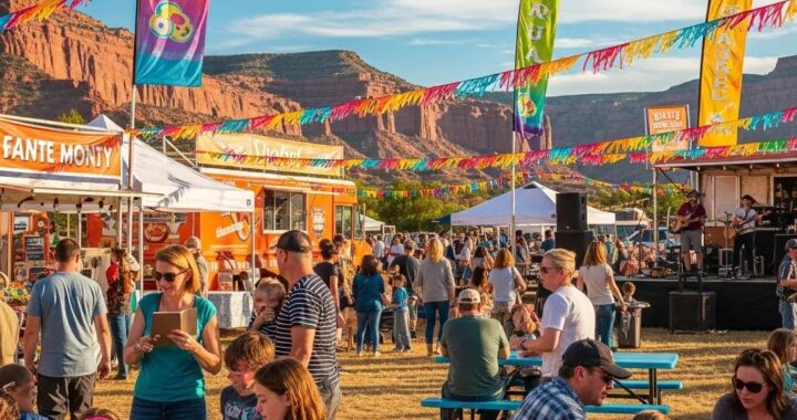 Vibrant Utah festival scene with people enjoying activities and beautiful natural landscape