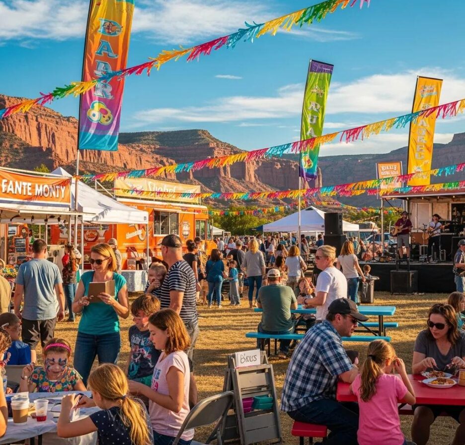 Vibrant Utah festival scene with people enjoying activities and beautiful natural landscape