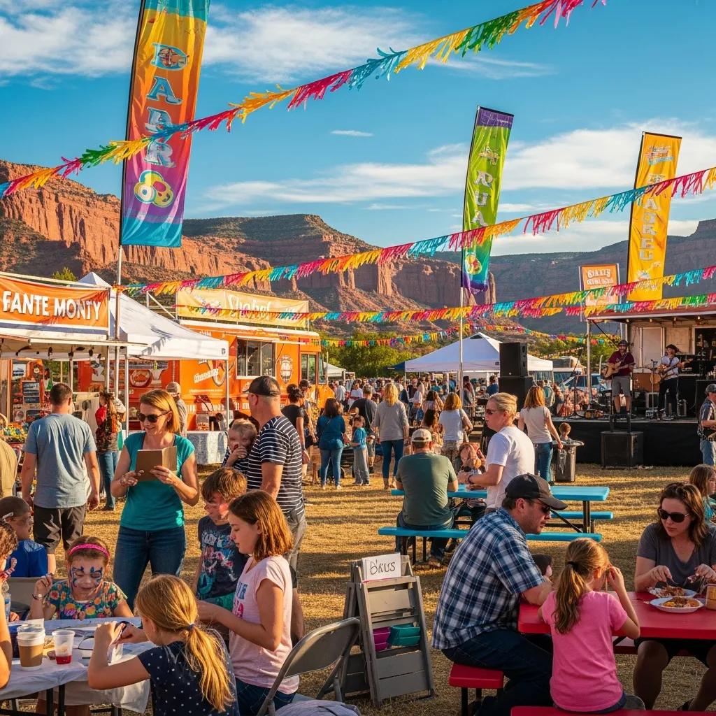 Vibrant Utah festival scene with people enjoying activities and beautiful natural landscape
