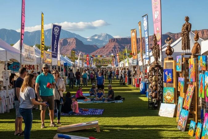 Vibrant Utah festival scene with people enjoying activities and colorful decorations