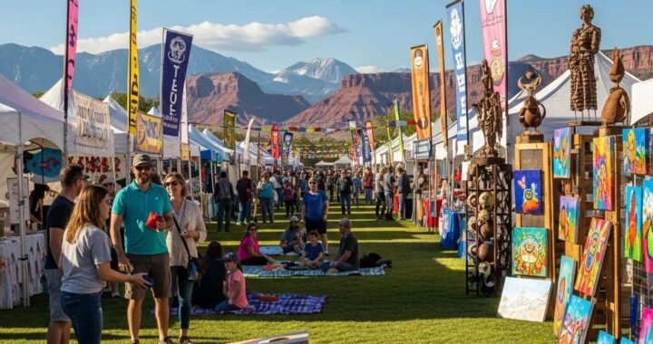 Vibrant Utah festival scene with people enjoying activities and colorful decorations