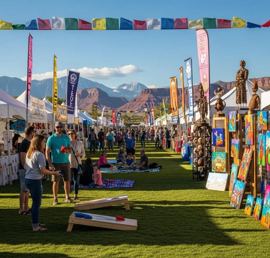 Vibrant Utah festival scene with people enjoying activities and colorful decorations